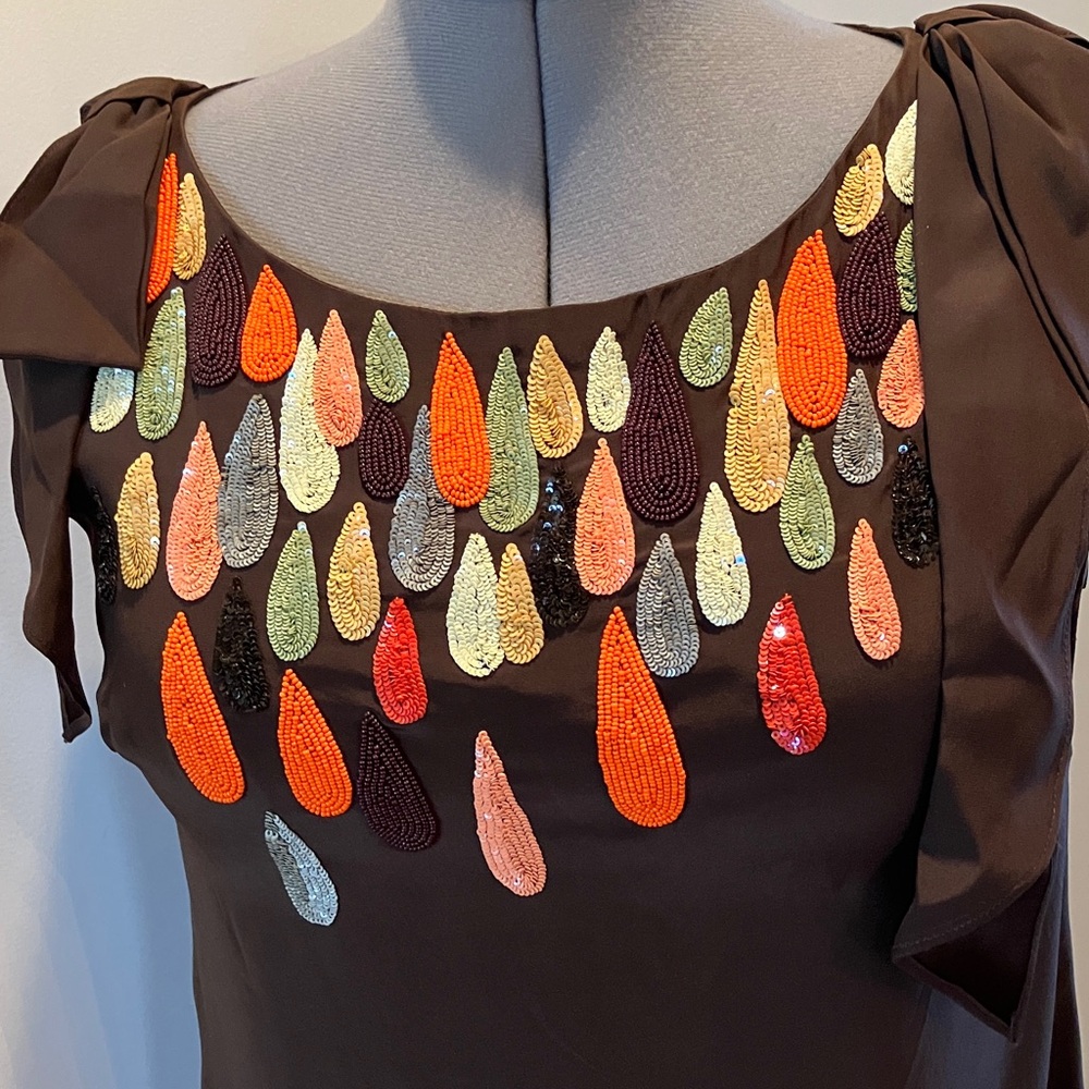 Milly of New York silk knee length or mini dress, sequins/beads/bow, sleeveless